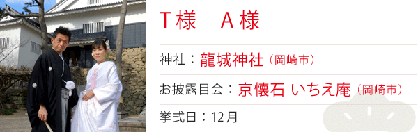 T様・A様　神社：龍城神社　お披露目会：京懐石 いちえ庵　挙式日：2015年12月